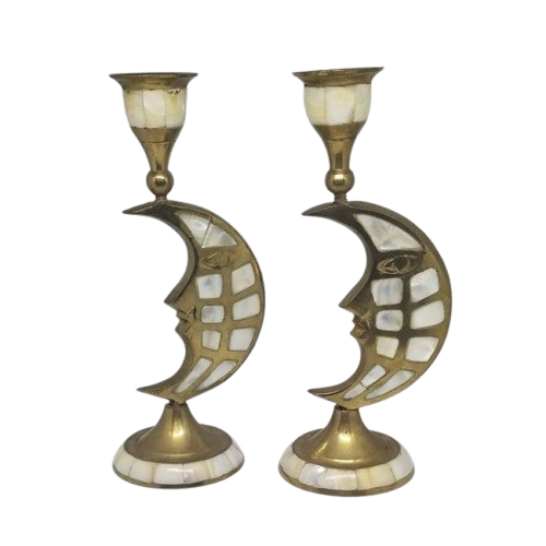 BRASS & MOP TAPER CANDLE HOLDER SET OF 2